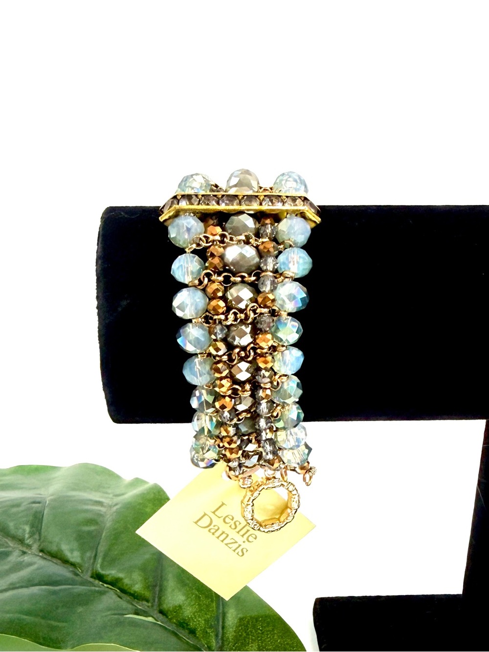 Leslie Danzis Beaded Statement Bracelet Blue Gray Gold Crystal NWT